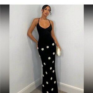 Black Floral Appliqué Spaghetti Strap Maxi Dress